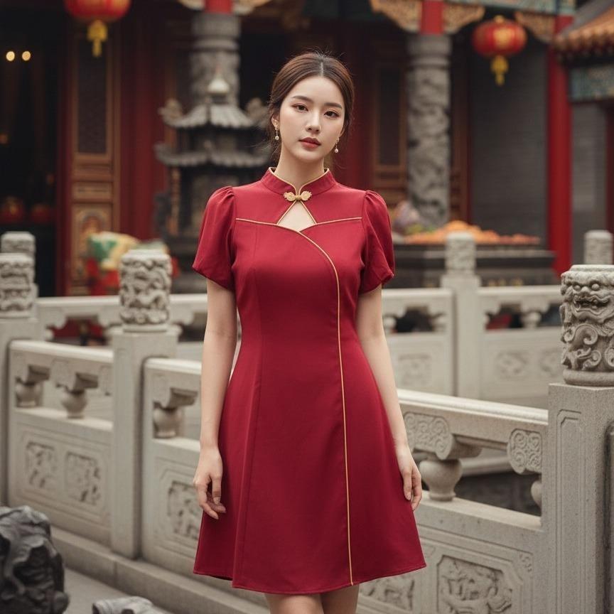 D178  ชุดตรุษจีนกี่เพ้าDarin Dress ความยาวยาว33-34นิ้ว มีไซส์ S-2XL