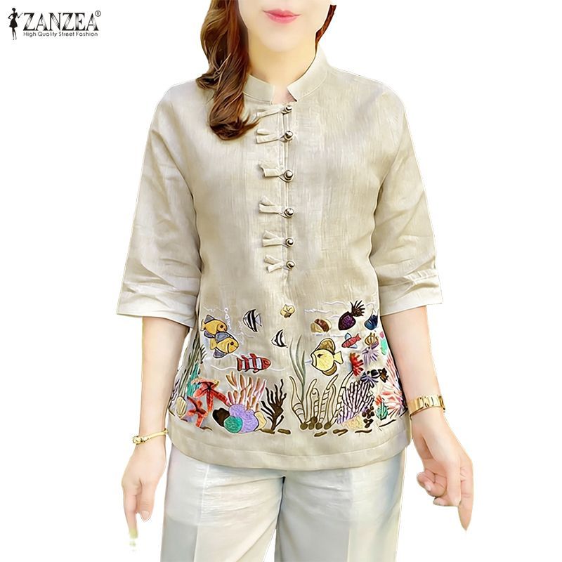 ZANZEA เสื้อเชิ้ตผู้หญิง สไตล์เกาหลีและจีน ปกแมนดาริน กะบังครึ่ง กระดุม 3/4 — صورة 6