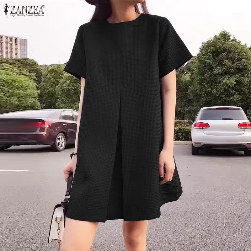 Zanzea ชุดเดรสเอไลน์สไตล์เกาหลี มินิมอล แขนระแก้มแบบรากลัน และเน้นลายพเลทตี้.texture สำหรับผู้หญิง — صورة 4