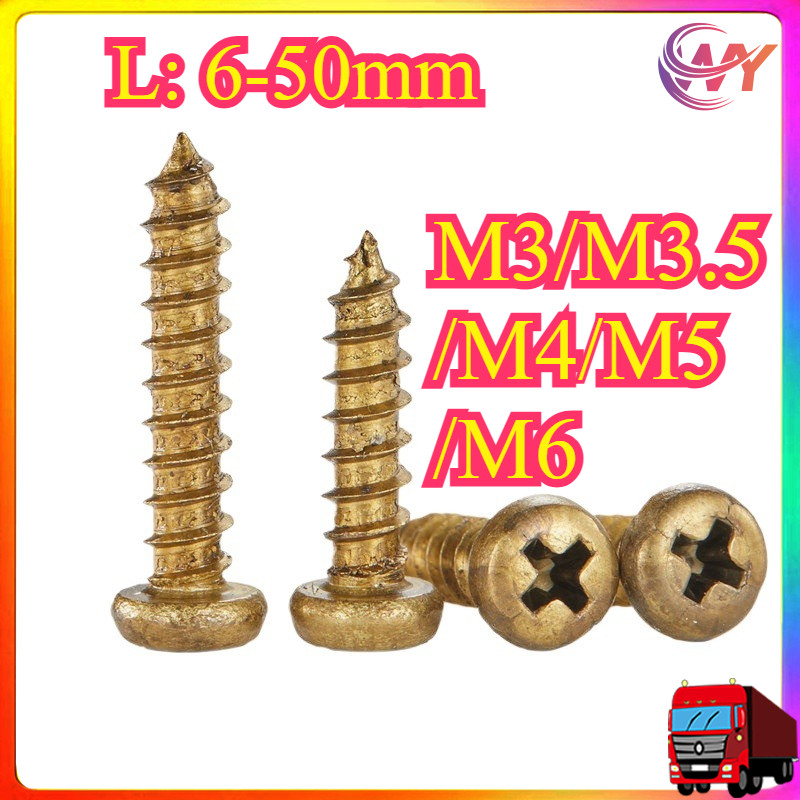 H68 ทองเหลืองข้ามหัวกลมแตะตัวเองสกรูทองแดงเฟอร์นิเจอร์ Self-Tipping สกรูไม้ M3/M3.5/M4/M5/M6 * L6-50