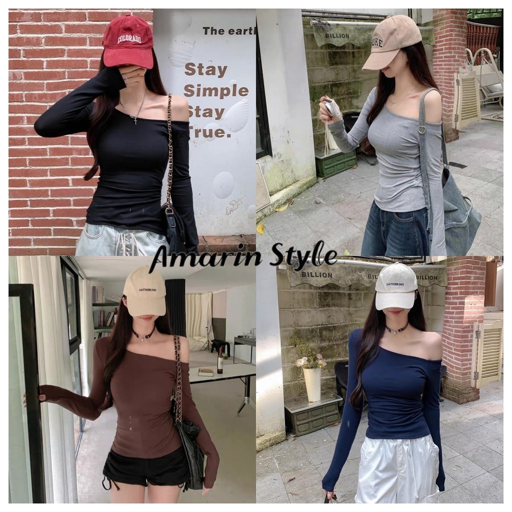 Amarin🌸พร้อมส่ง🌸เสื้อเปิดไหล่แขนยาว ผ้านิ่มทิ้งตัว ยืดตามตัว ใส่สบาย ไซส์พอดีตัวFY789