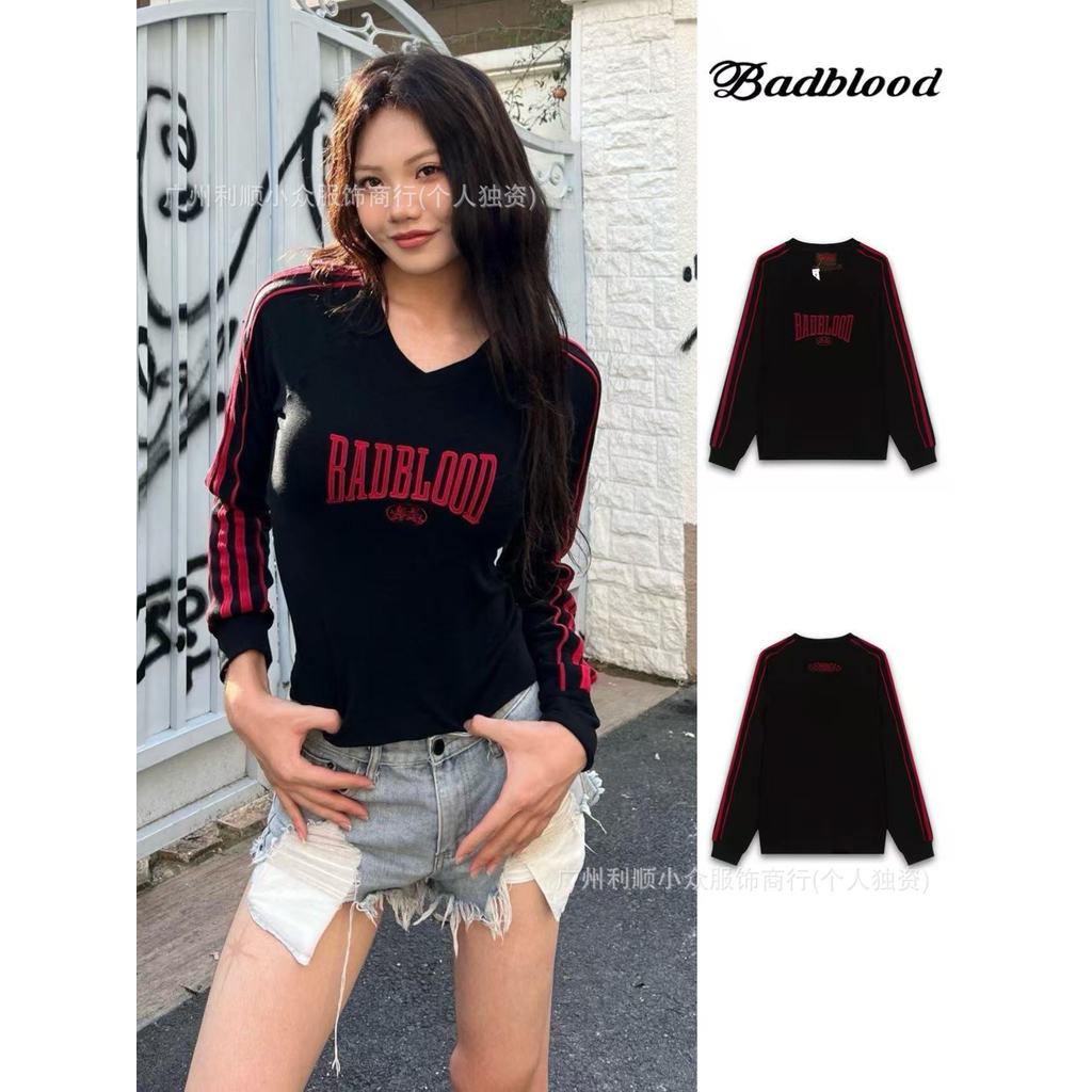 EBG2 badblood American Retro V คอ Jersey เสื้อยืดแขนยาวผู้ชายผู้หญิงสไตล์เดียวกันฤดูใบไม้ร่วง Bottom