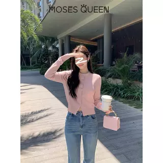 < MOSESQUEEN > โมเสส ราชินี เสื้อคาร์ดิแกนถักคอกลมสีทึบสําหรับผู้หญิงกระดุมแถวเดียวบางและบางทุกวันสดและหลากสีการเลือก #59260