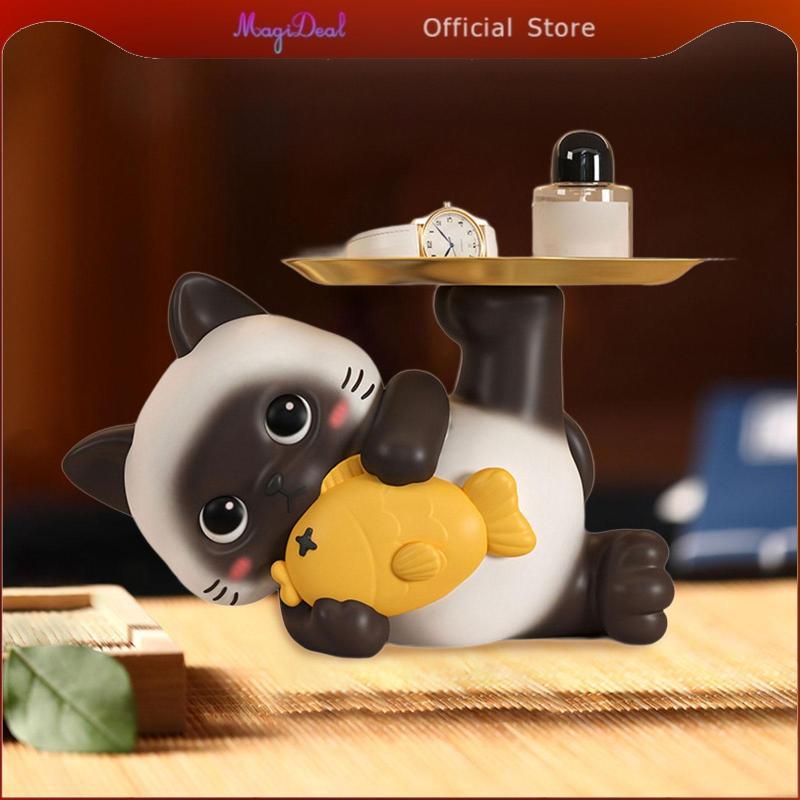 MagiDeal เรซิ่นแมวโต๊ะด้านข้างพร้อมถาดน่ารักลิปสติกเครื่องประดับต่างหูสําหรับ Candy ต่างหูห้องนั่งเล