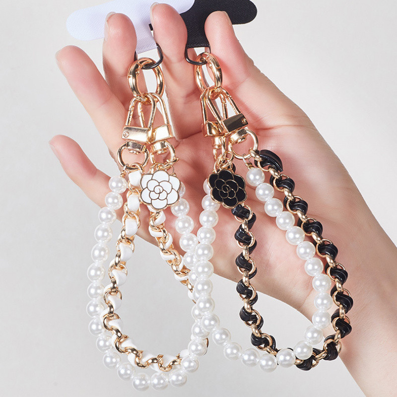 เชือกห้อยโทรศัพท์มือถือแบบข้อมือโซ่มุก ห่วงแขวนตกแต่ง พร้อมสายคล้องข้อมือ