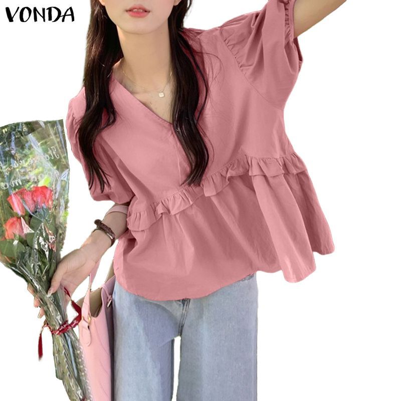 VONDA เสื้อผ้าสไตล์เกาหลีสำหรับผู้หญิง แบบ V คอพัฟแขนระบายตัดเย็บ สไตล์หลวม A-Line