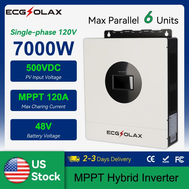 ECGSOLAX 7KW Hybrid Solar Inverter 48V 120V Single-Phase Pure Sine Wave อินเวอร์เตอร์พร้อม MPPT 120A