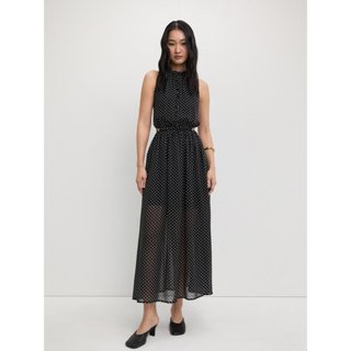 [Pomelo] ชุดเดรสยาวแขนกุดคอคล้องลายจุดเอวยางยืดแต่งผ้าซีทรูเ…