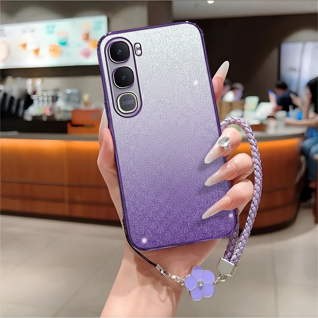 Soft Case Vivo V40 / V40 Lite 4G 5G Casing Luxury Silicone Glitter Free Lanyard Strap Flower Handpho