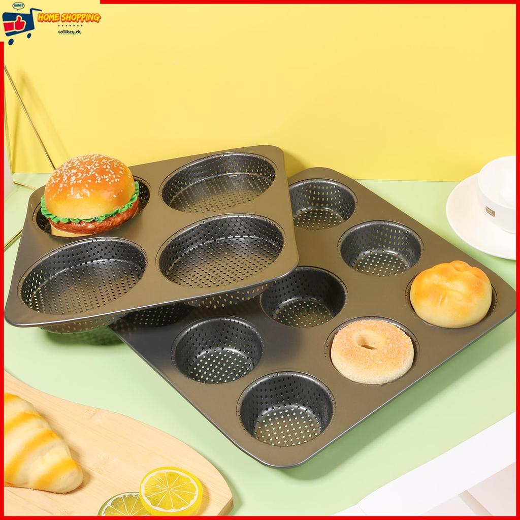 2 ชิ้นแฮมเบอร์เกอร์ Bun Pan 4/9 Cavity Perforated Nonstick Burger Buns Baking Mould สําหรับเนื้อพาย 