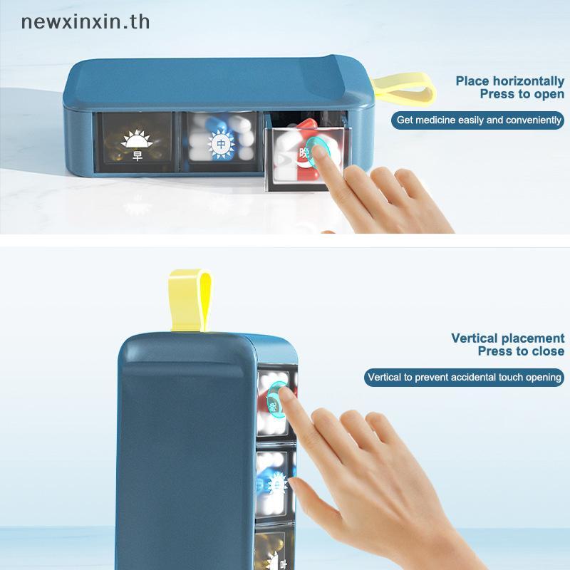 ^N^ 3 กริดกล่องยาวัน Pill Organizer Travel อัตโนมัติ Pop-up กล่องยาสําหรับ Poet หรือกระเป๋าเก็บวิตาม