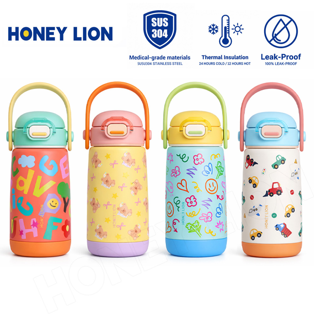 ขวดน้ำเด็ก มีหลอดดูด เก็บอุณหภูมิ 410ml ไม่มี BPA สแตนเลส 304 กันรั่ว มีล็อคฝา ป้องกันร้อนลวก มีที่จับ สำหรับเด็กเล็ก - HoneyLion