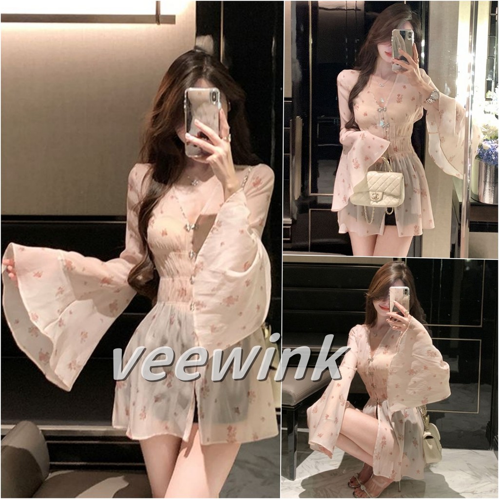 Veewink เสื้อคอวีแขนระฆัง ลายดอกไม้ เก็บเอว เนื้อผ้าบางเบากันแดด ใส่แล้วสวยปัง ลดน้ำหนัก แมทช์ง่าย สไตล์เกาหลี