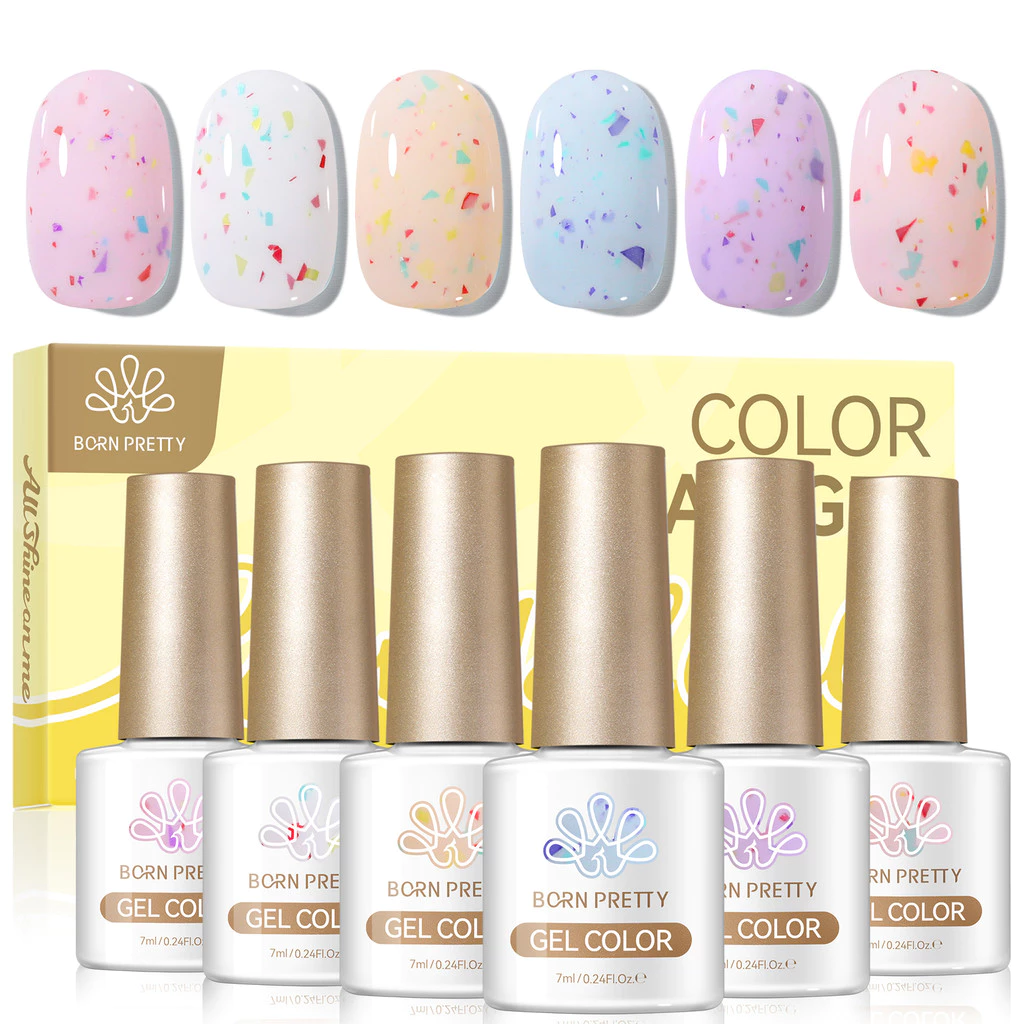 BORN PRETTY 6 ชิ้นครีมสีขาวสีชมพูสีฟ้าเจลเล็บชุดที่มีสีสัน UV เจลเล็บกึ่งถาวรเจลเคลือบเงาเล็บ