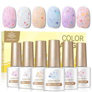 BORN PRETTY 6 ชิ้นครีมสีขาวสีชมพูสีฟ้าเจลเล็บชุดที่มีสีสัน UV เจลเล็บกึ่งถาวรเจลเคลือบเงาเล็บ