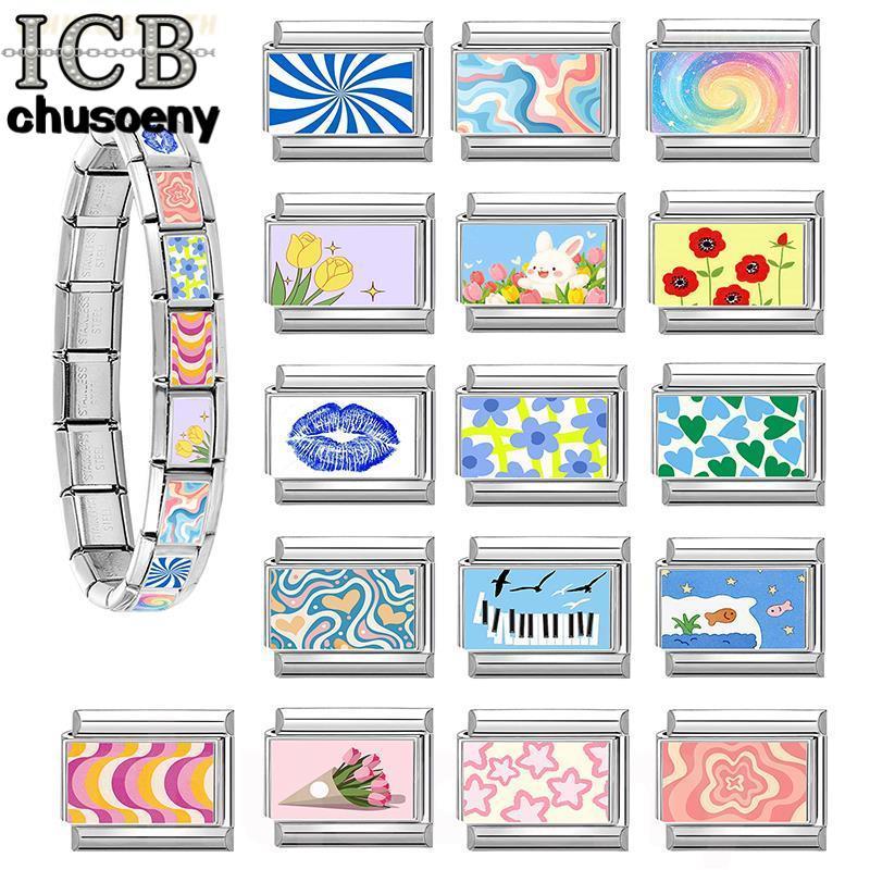สร้อยข้อมือ Rainbow Star สไตล์อิตาเลียน ซีซั่น봄.charm ขนาด 9 มม. สแตนเลสสำหรับ DIY และตกแต่ง