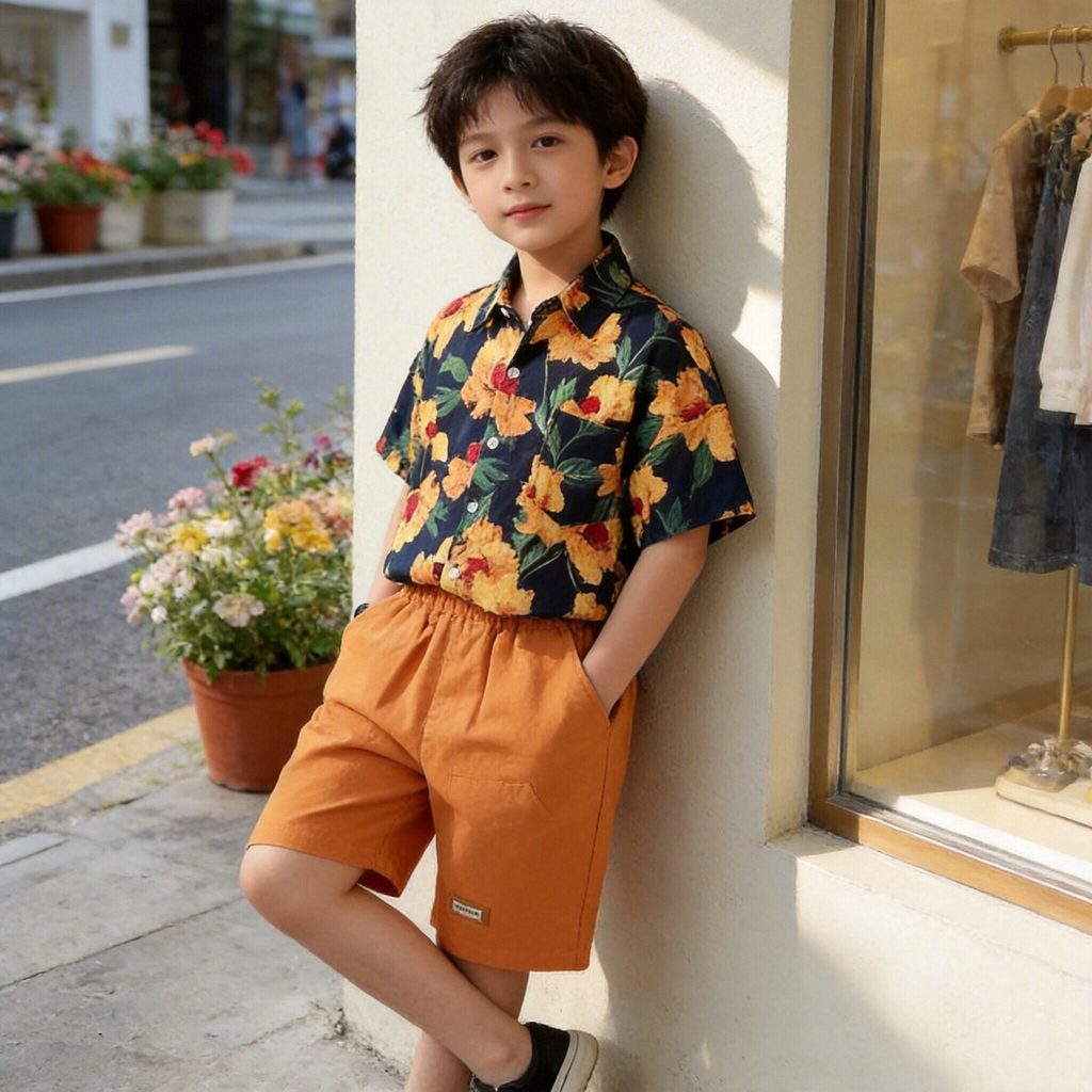 ชุดเซ็ทเสื้อเชิ้ตลายดอก ชุดเด็กผู้ชายฤดูร้อน เสื้อฮาวายเด็กชาย