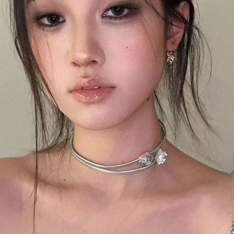 Silver Rose Double Layer Necklace Niche Sweet Cool Hot Girl Necklace choker Classy