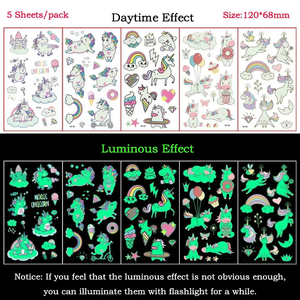 5pc/Set Night Glow Tattoo Stickers Temporary Unicorn Fairy Animal Tattoo Party Decorations Fluoresce