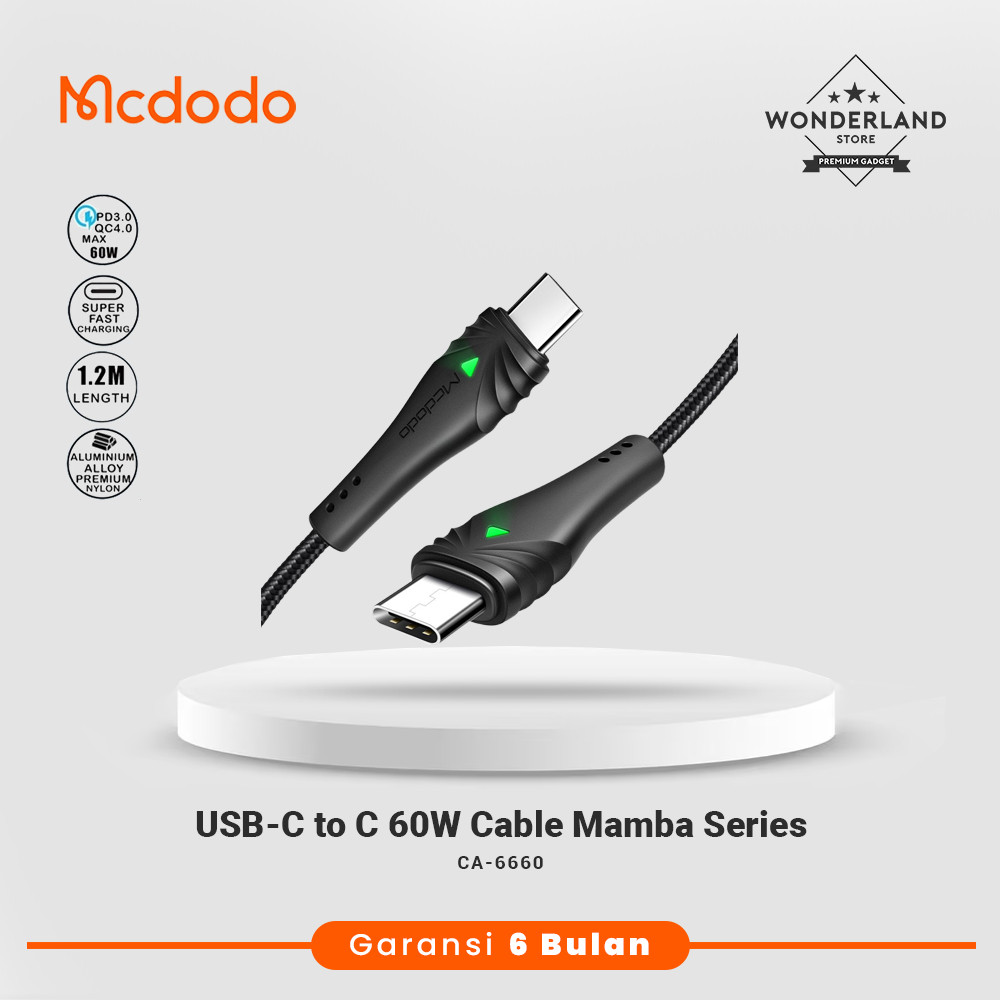 Mcdodo สายเคเบิลข้อมูล USB-C to C 60W 1.5M PD PPS SFC ไฟ LED CA-6660