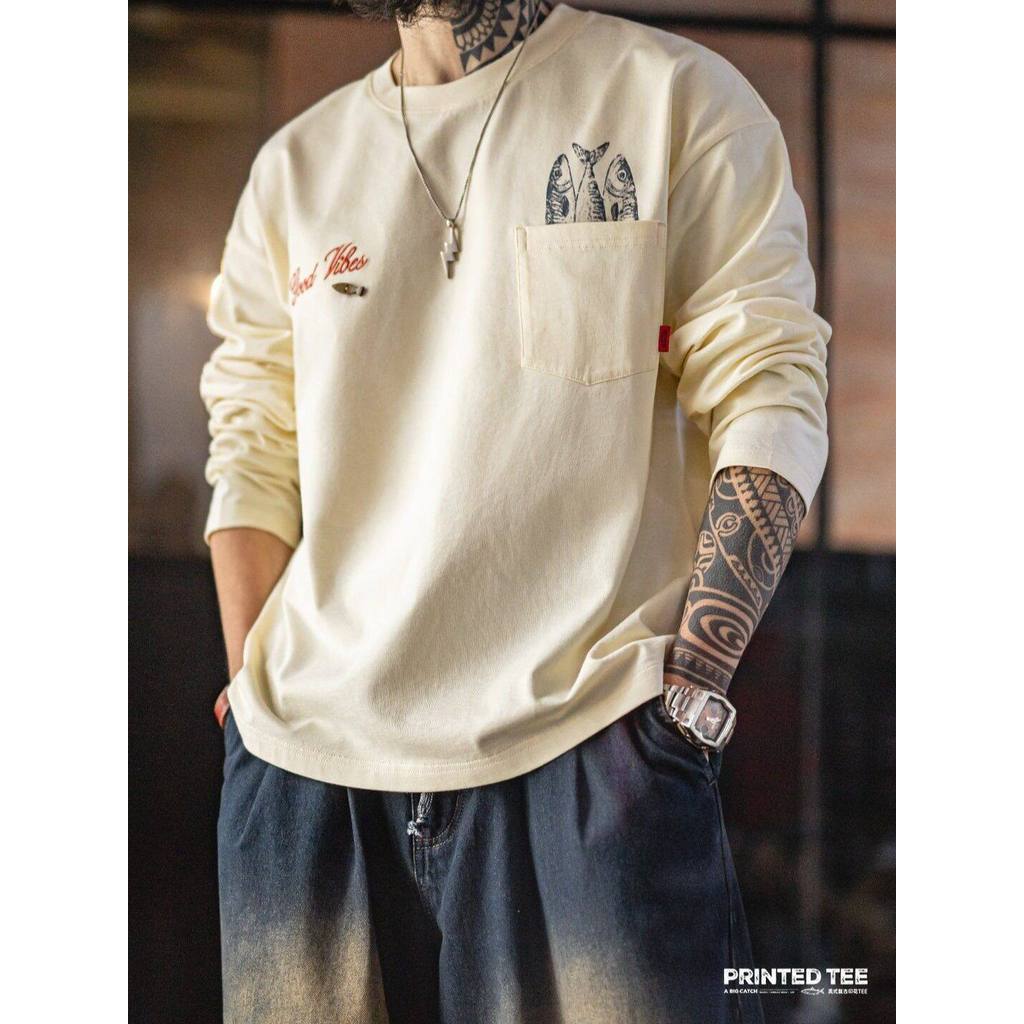 Retro Mens American Print Pocket Long Sleeve T-Shirt 100% Cotton Comfort Crew Neck Base Layer Top Spring — صورة 3