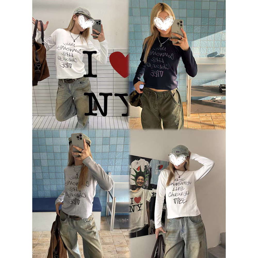 <Moses Queen> เสื้อยืดแขนยาวสไตล์อเมริกันสำหรับผู้หญิง สไตล์สตรีท ทรงเข้ารูป เสื้อตัวใน เสื้อที่ช่วยเสริมรูปร่าง