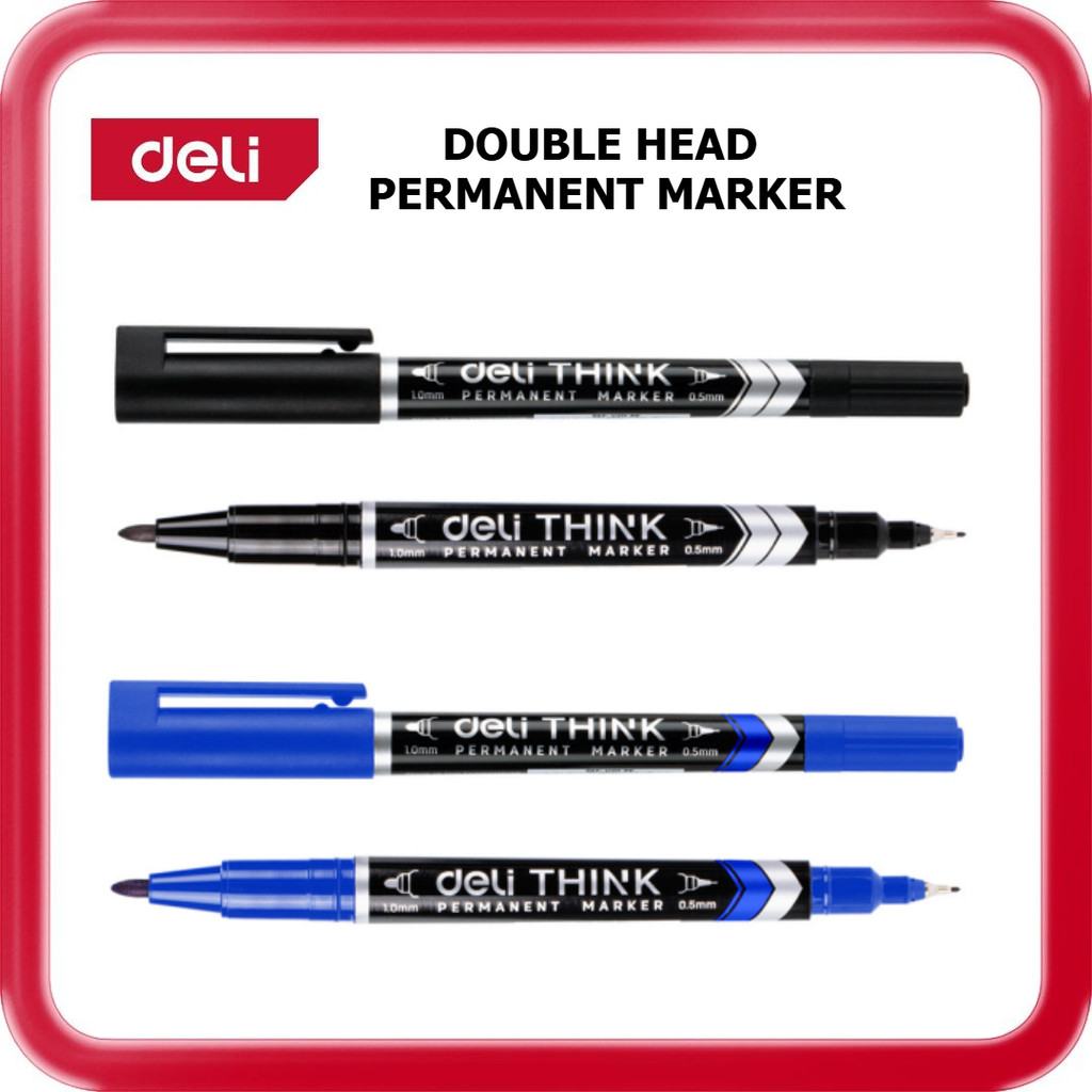[ DELI ] (DS-U211-BK / DS-U211-BL) Think Double Head Permanent Marker 0.5mm 1mm Tip Black Blue
