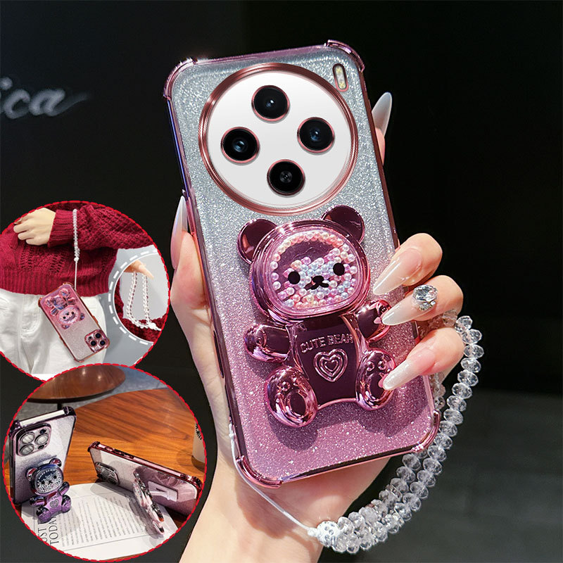 4 มุมกันกระแทกเคสโทรศัพท์น่ารัก 3D หมีขาตั้งคริสตัล Lanyard Glitter โปร่งใสสําหรับ Vivo X100 สําหรับ