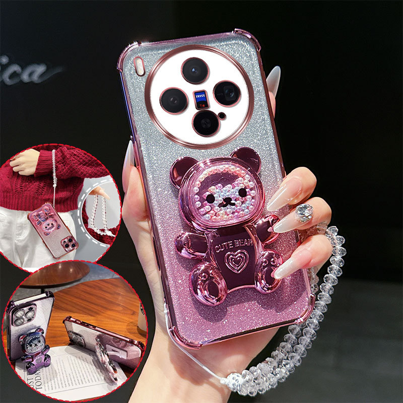 4 มุมกันกระแทกเคสโทรศัพท์น่ารัก 3D หมีขาตั้งคริสตัล Lanyard Glitter โปร่งใสสําหรับ Vivo X300 สําหรับ