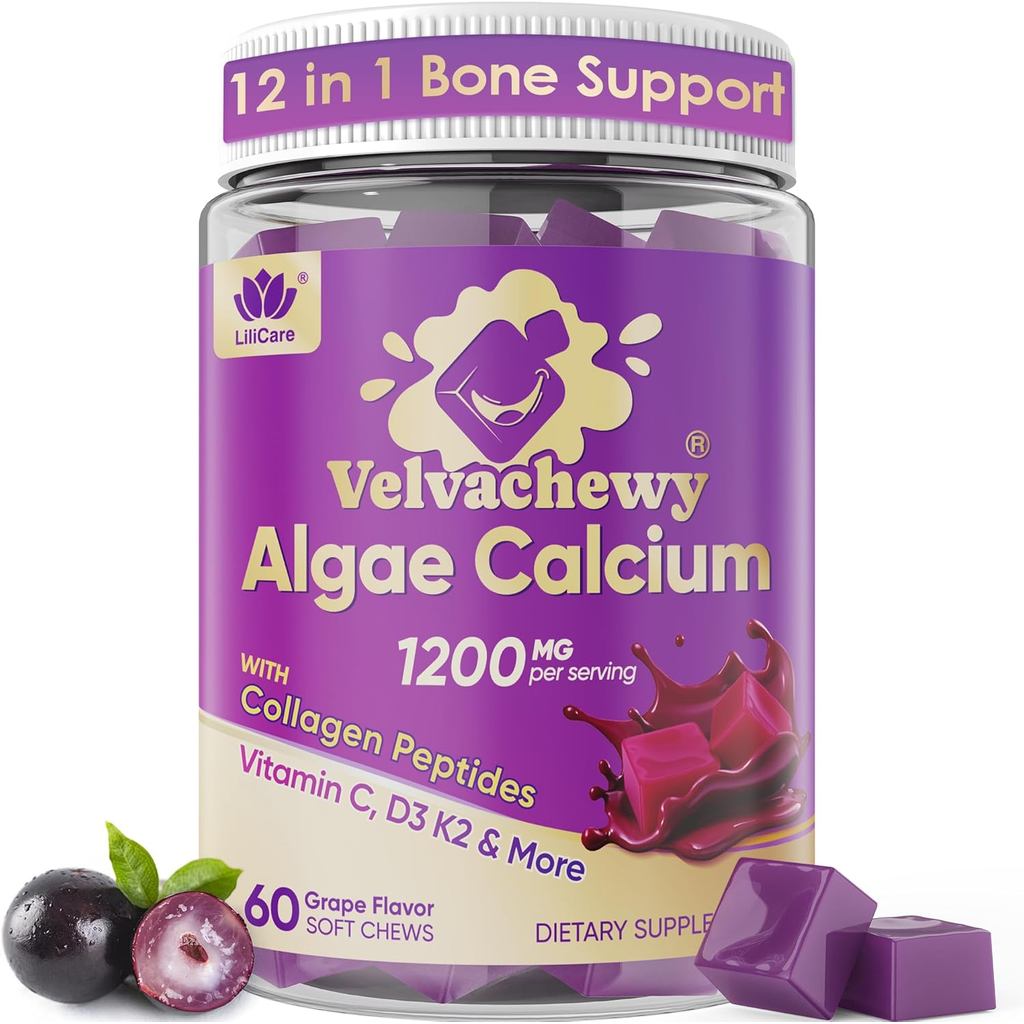 Algae Calcium Soft Chews 1200 mg plus Collagen Peptides, Vitamin D3 K2, Magnesium, Zinc, Turmeric fo