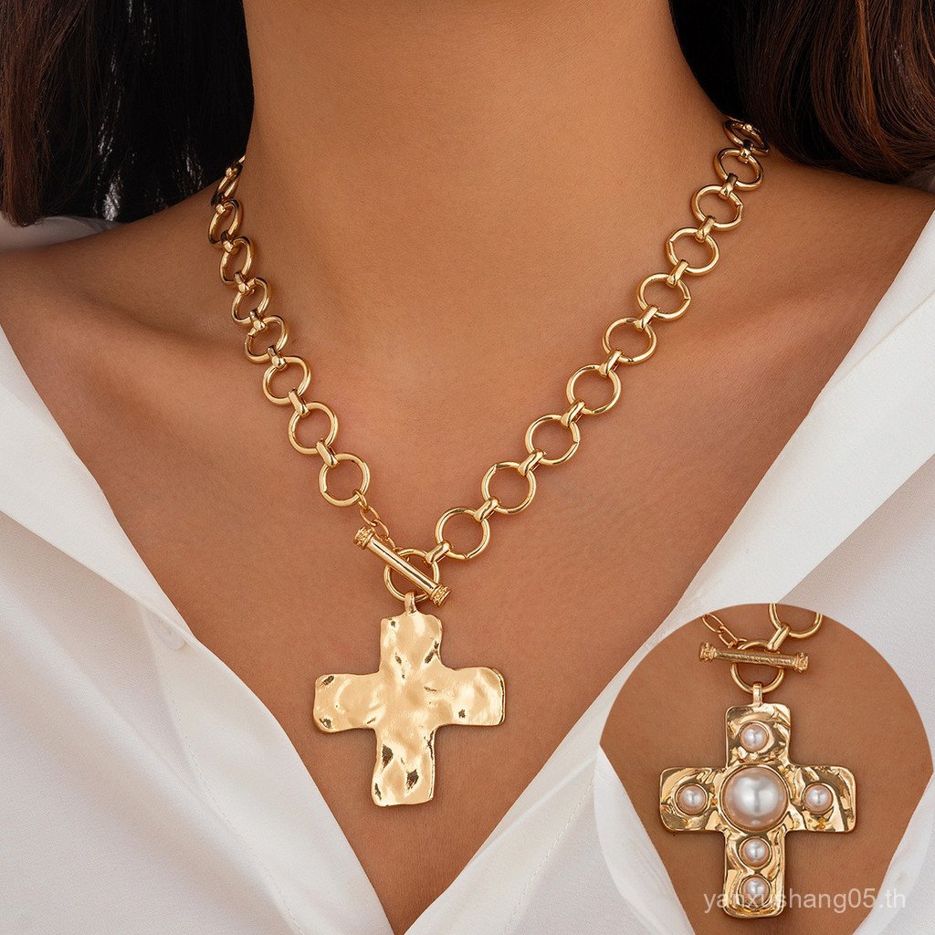 เครื่องประดับแฟชั่น Niche สไตล์ Punk โลหะ.Cross หัวเข็มขัดและสร้อยคอดีไซน์เก๋สำหรับผู้หญิง 2JPL