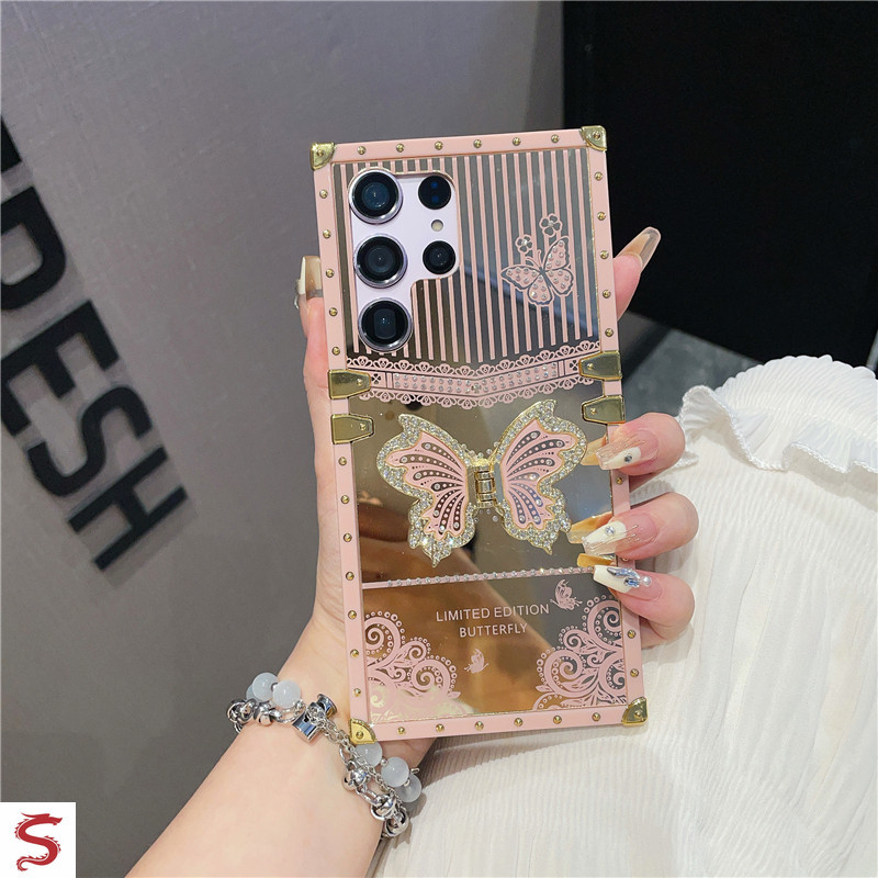ปลอก Samsung S26 Ultra S25 Ultra S24 Ultra Luxury Mirror Gilded Diamond Butterfly Square เคสโทรศัพท์กันกระแทกฝาครอบป้องกัน