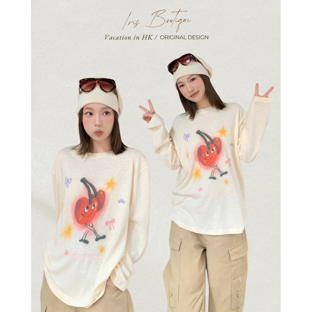 Vacation in HK | Original Design IRIS BOUTIQUE ISYK62_Cherry Cherry Graphic Long-Sleeve Teeเสื้อแขนยาวลายกราฟิกเชอร์