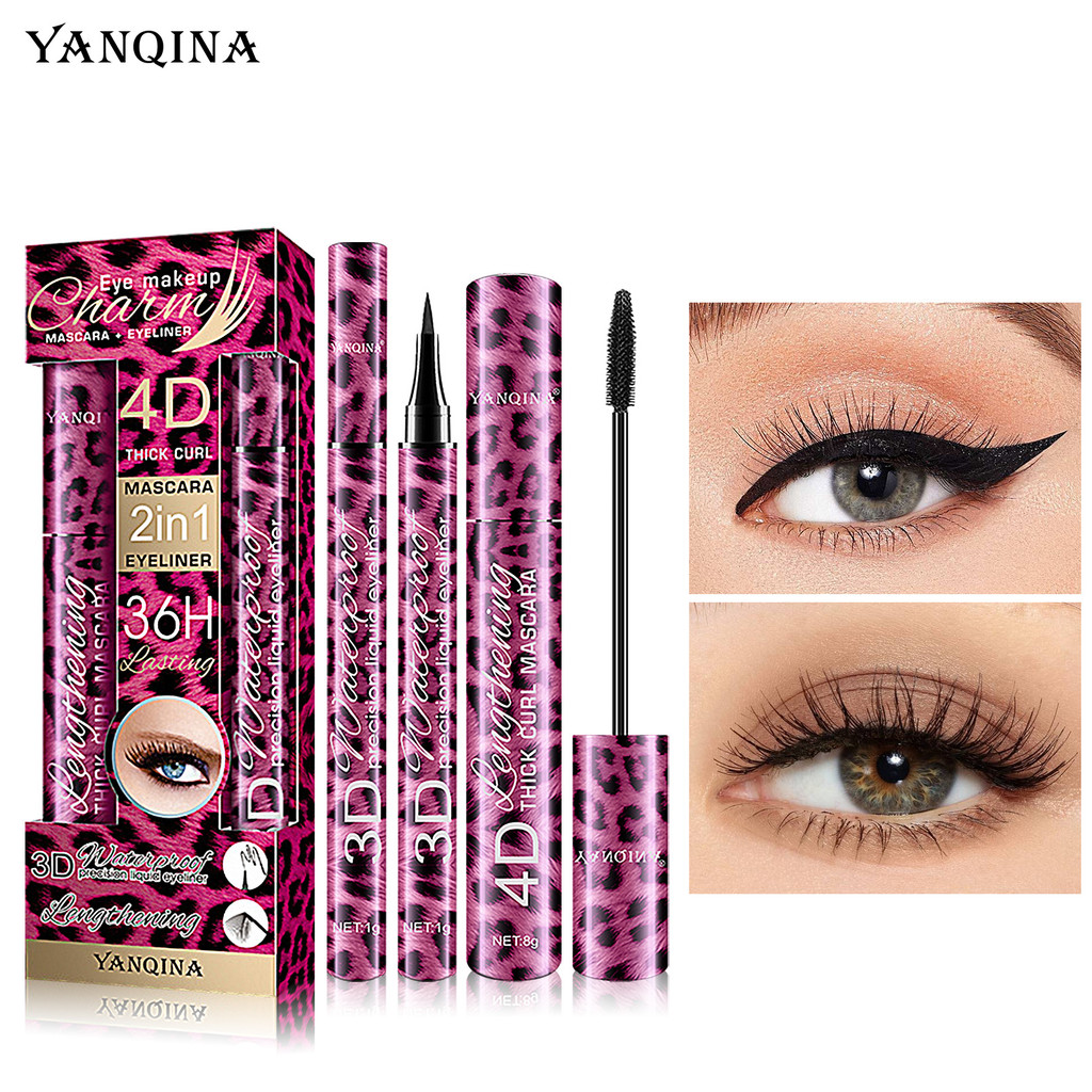 ขายร้อน#YANQINA红豹纹36H眼线笔4D睫毛膏组合套装2只装爆款彩妆day