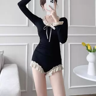ชุดว่ายน้ําวันพีซชุดว่ายน้ําสีดําทรงเข้ารูป Slimmer ดูแขนยาว Swimsu#KJS082