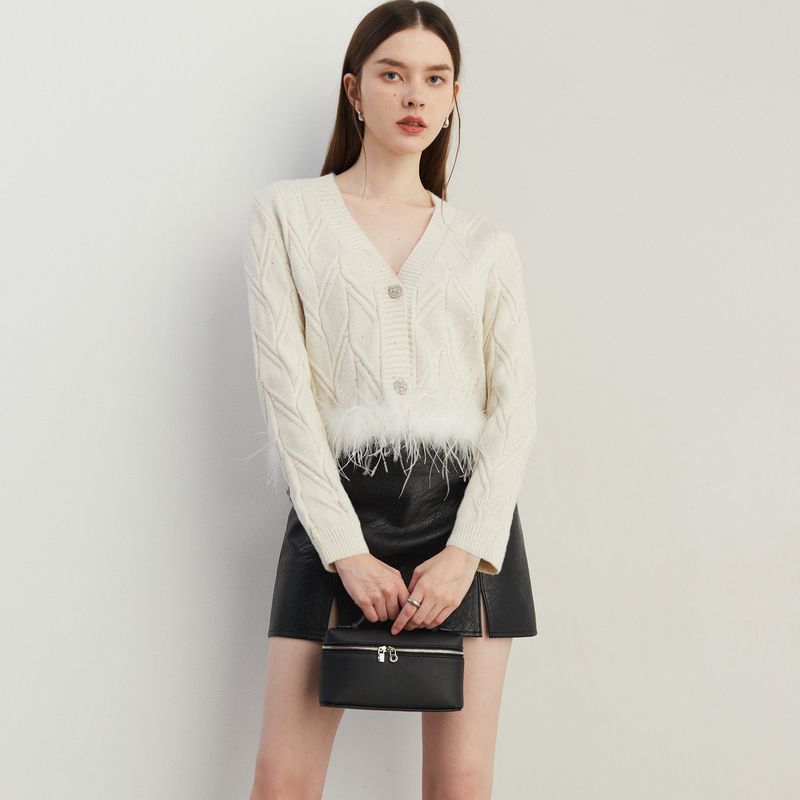 ปุ่มคอเดี่ยวแถว Commuter ผู้หญิงเสื้อแจ็คเก็ต Apricot ถักฤดูใบไม้ร่วงเสื้อสเวตเตอร์ถักสั้น fashiondp