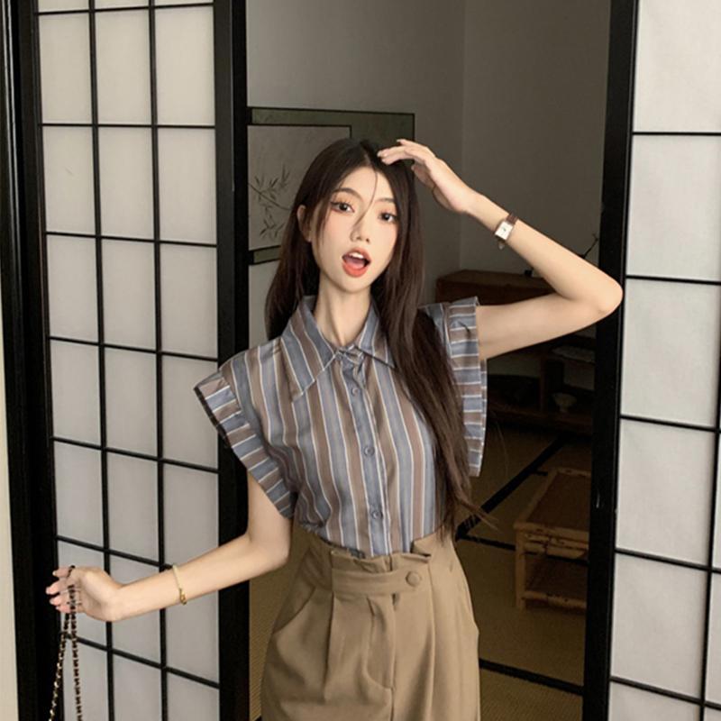 เสื้อเชิ้ตลายทางแขนปิก คอปกทรงหลวม แฟชั่นเกาหลี สำหรับผู้หญิง-พร้อมส่งจากไทย-รุ่น99122