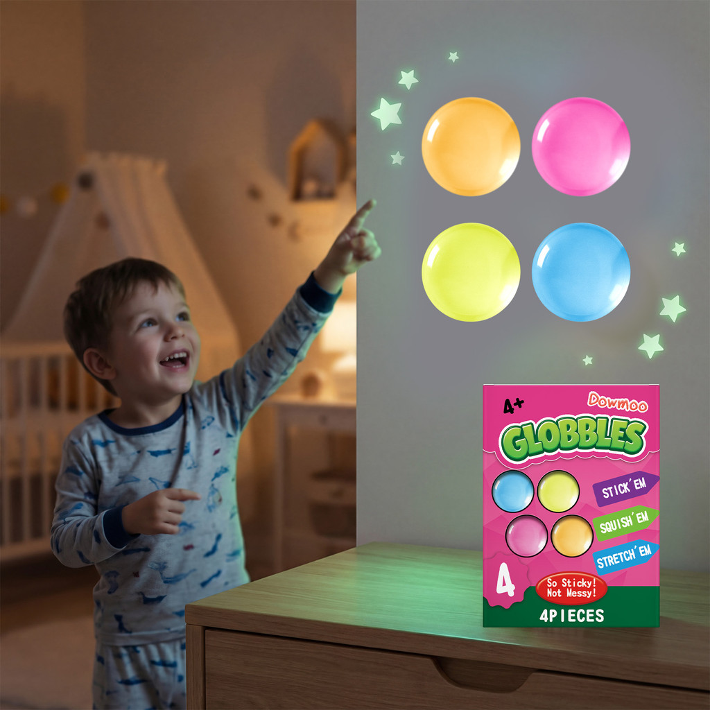 Glow Squishy Sticky Balls – Globbles 4 ชิ้น, ของเล่นโยนผนังยืดสุด, สนุกปลอดทุกอย่าง, โปรดปรานปาร์ตี้สําหรับเด็ก