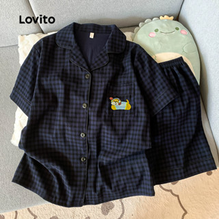 Lovito ชุดพีจาม่าสบายๆ 2 ชิ้น สไตล์ญี่ปุ่น ลายสก๊อต ปักลายกา…