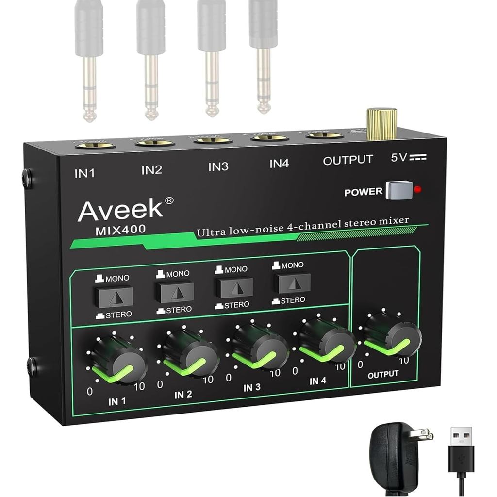 Aveek 4 Channel Mixer - Mini 4 Stereo Audio Mixer, Low-Noise for Precision Sub-Mixing, TRS1/4" Input