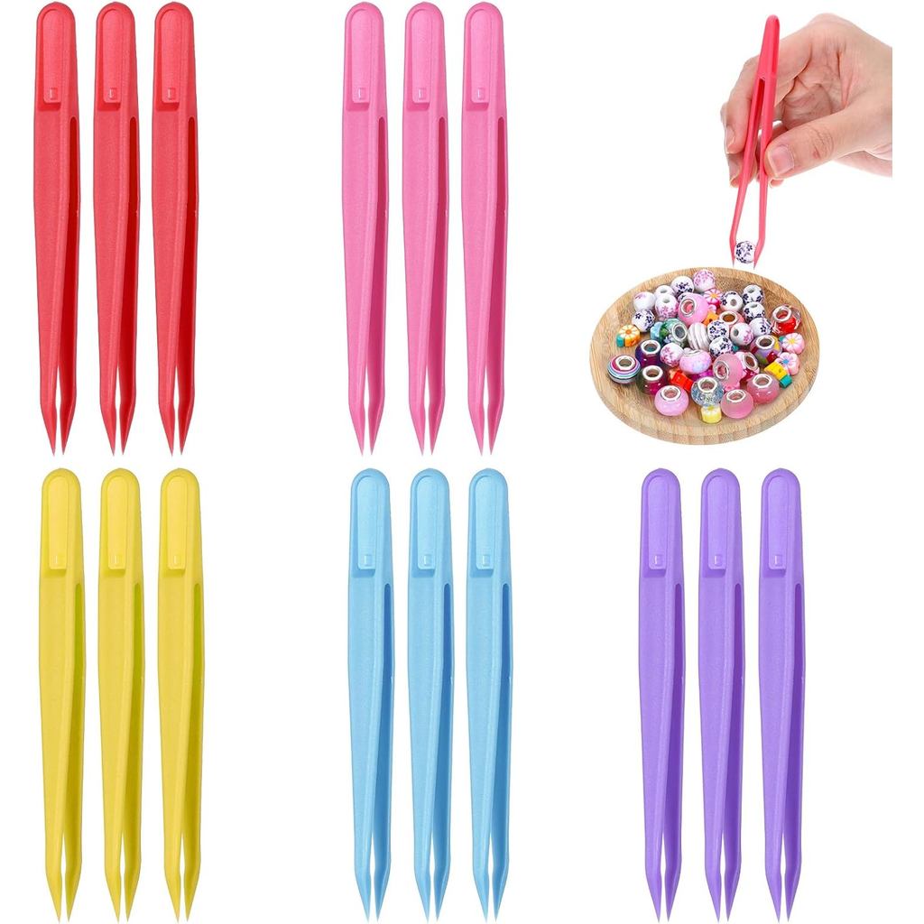 Exclaith 15PCS พลาสติกหัตถกรรมแหนบ,อเนกประสงค์ Tip Tweezer Multi-สีพลาสติกฟิวส์ลูกปัด Forceps เครื่อ