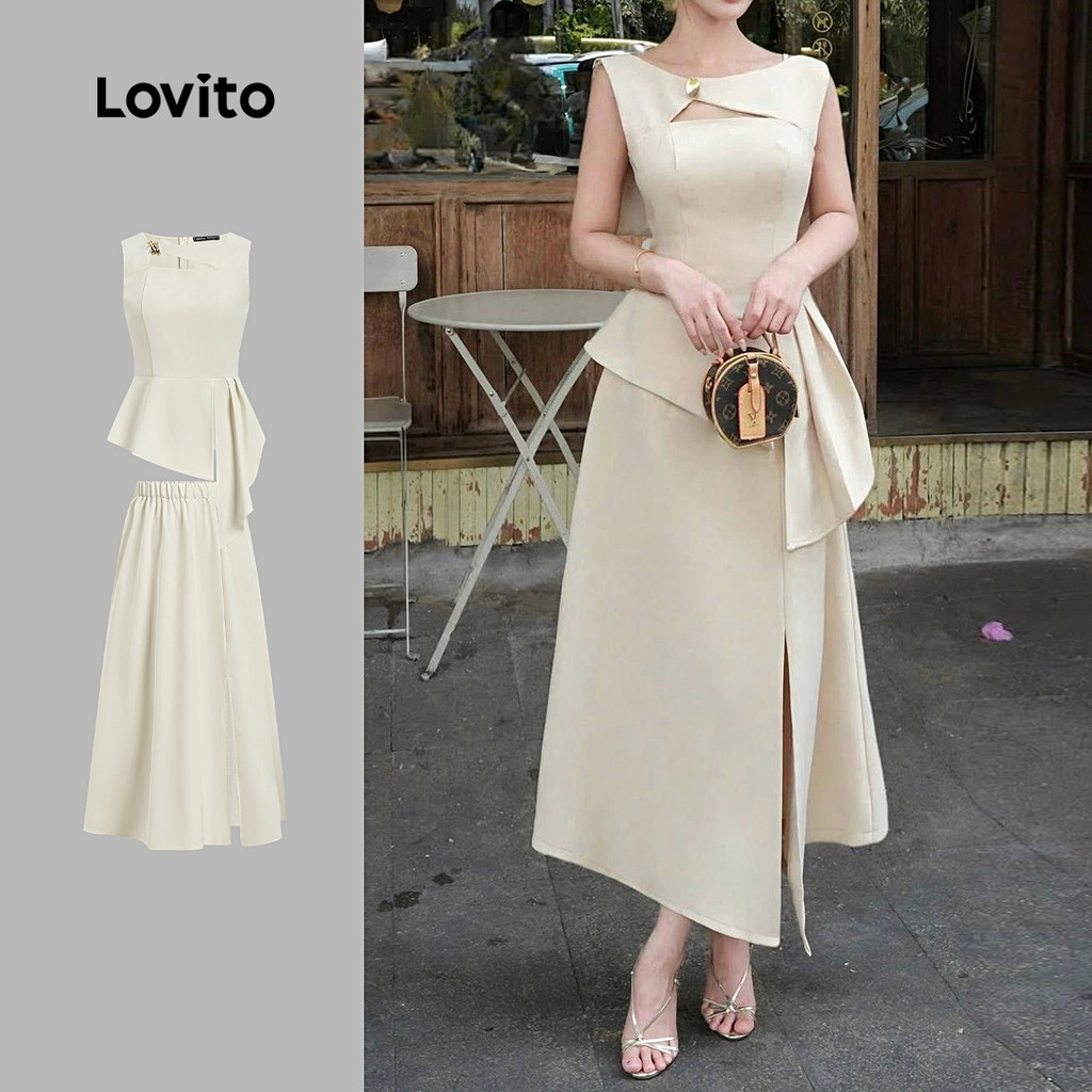 Lovito เสื้อหรือกางเกงทรงสวยหรู ดีไซน์ไม่สมมาตร ผ่าข้าง สีแอปริคอต เหมาะสำหรับฤดูใบไม้ผลิและฤดูร้อน สำหรับผู้หญิง L171ED1077