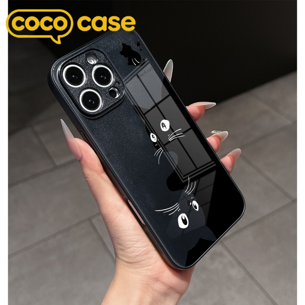 เคสไอโฟนกระจกนิรภัยสีดำ ลายแมวดำครึ่งหน้าจอ 17/17Pro/17ProMax/16/16Pro/16ProMax/15/14/13