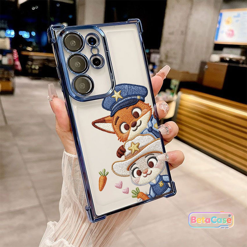 สำหรับ Samsung S25U,S24U,S23,S23U,S22,S22U,S21U,S20,S20FE เคสซัมซุง สุนัขจิ้งจอกกระต่ายคู่น่ารัก ชุบโลหะ สี่มุม กันตก