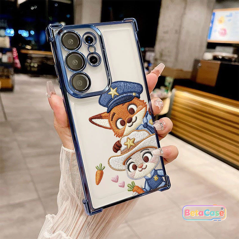 สำหรับ Samsung S25U,S24U,S23,S23U,S22,S22U,S21U,S20,S20FE เคสซัมซุง สุนัขจิ้งจอกกระต่ายคู่น่ารัก ชุบโลหะ สี่มุม กันตก