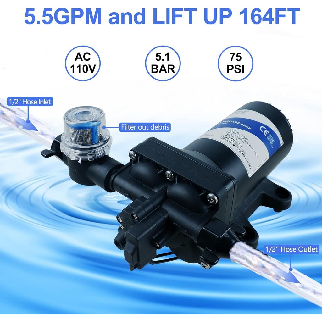ปั๊มเพิ่มแรงดันน้ํา, ปั๊มไดอะแฟรมน้ํา AC 110V, 5.5GPM 75PSI พร้อมปลั๊กไฟ, Self Priming RV ปั๊มน้ําสํ