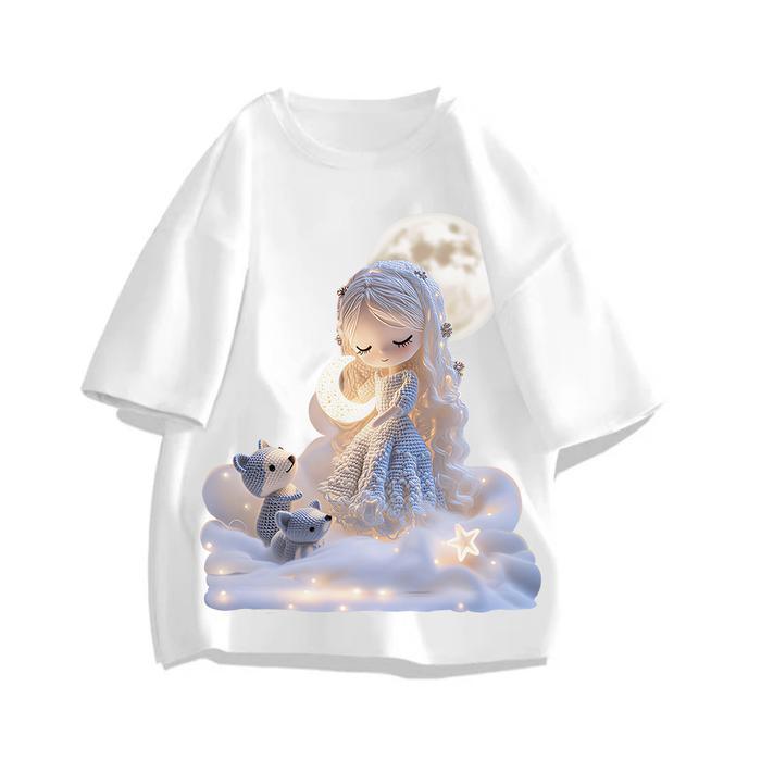 Dreamy Moon Girl Short Sleeve Regular Korean Style Digital Printing T-Shirt | วัสดุผ้าฝ้าย - สีขาว C