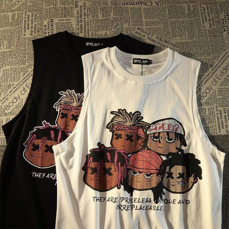 男士背心夏季宽松短袖卡通背心冰丝健身坎肩无袖t恤学生款3.24Men's Summer Loose Short-Sleeve Cartoon Vest, Ice Silk Fitness Sleeve