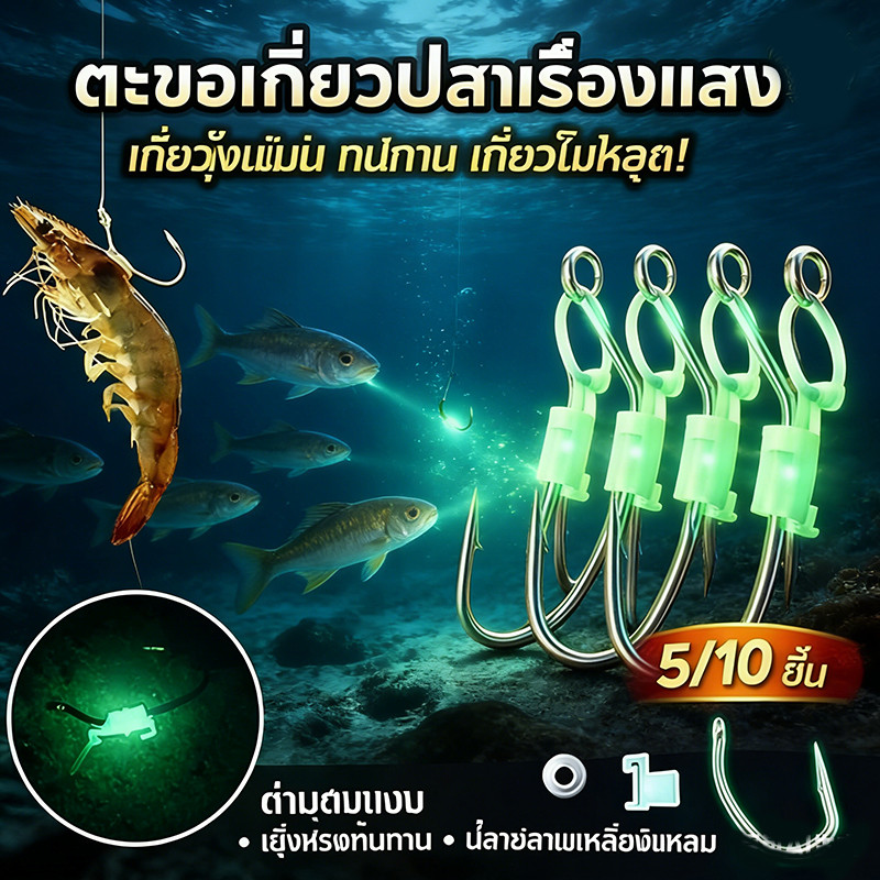 COD ตะขอเกี่ยวปลาเรืองแสง 5/10pcs ตะขอเกี่ยวกุ้ง ปลายสามเหลี่ยม วัสดุแข็งแรง เกี่ยวแม่น ปลาหลุดยาก