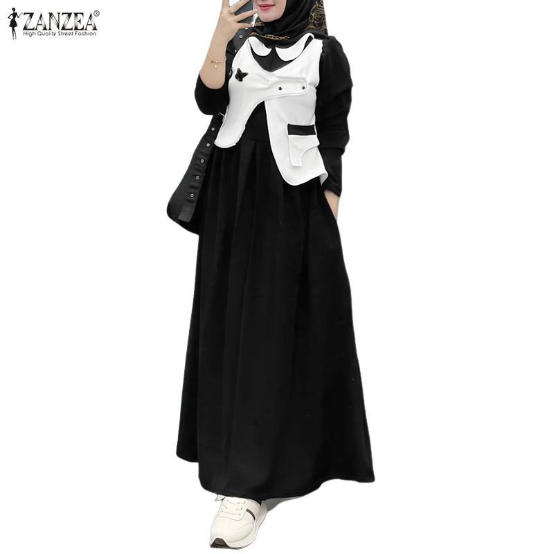 ZANZEA ชุดเดรสคอปกตุ๊กตาแฟชั่นมุสลิมผู้หญิงแขนยาวติดกระดุมสี Patchwork Maxi A-Line